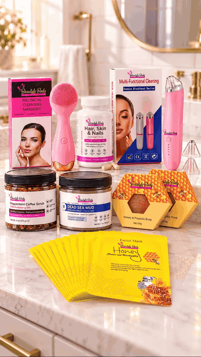 A hand picking up the pink facial cleansing massager from the 7 BeautyfyBody prize items